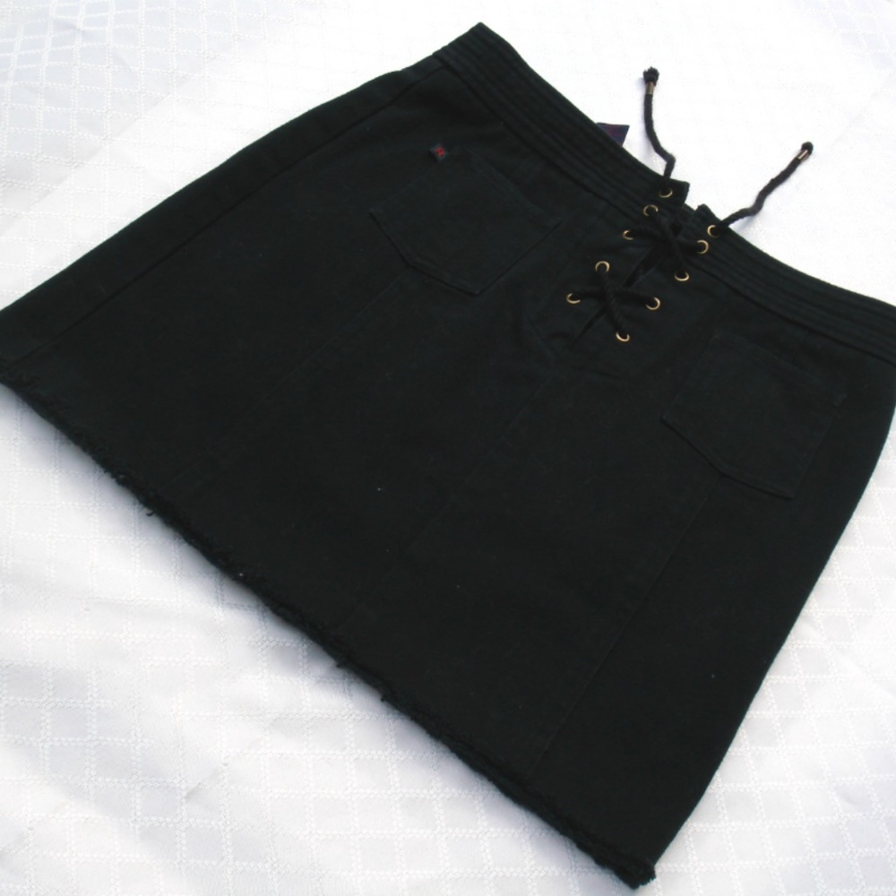 Polo Ralph Lauren Black Denim Boho Mini Skirt Fringe Hem Black Jeans Skirt 4 - Picture 3 of 13